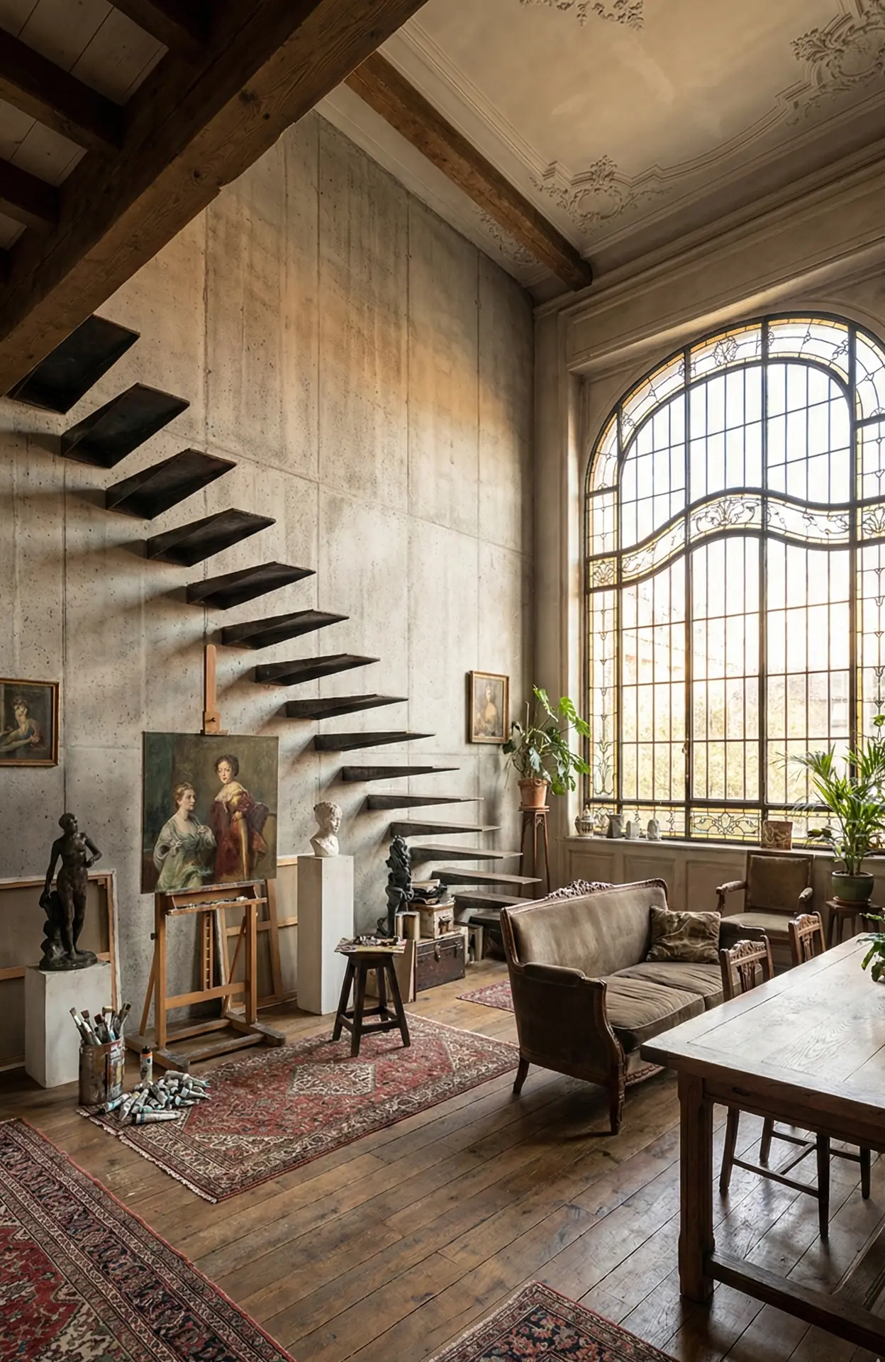 Escalier flottant dans un intérieur haut de gamme avec grande hauteur