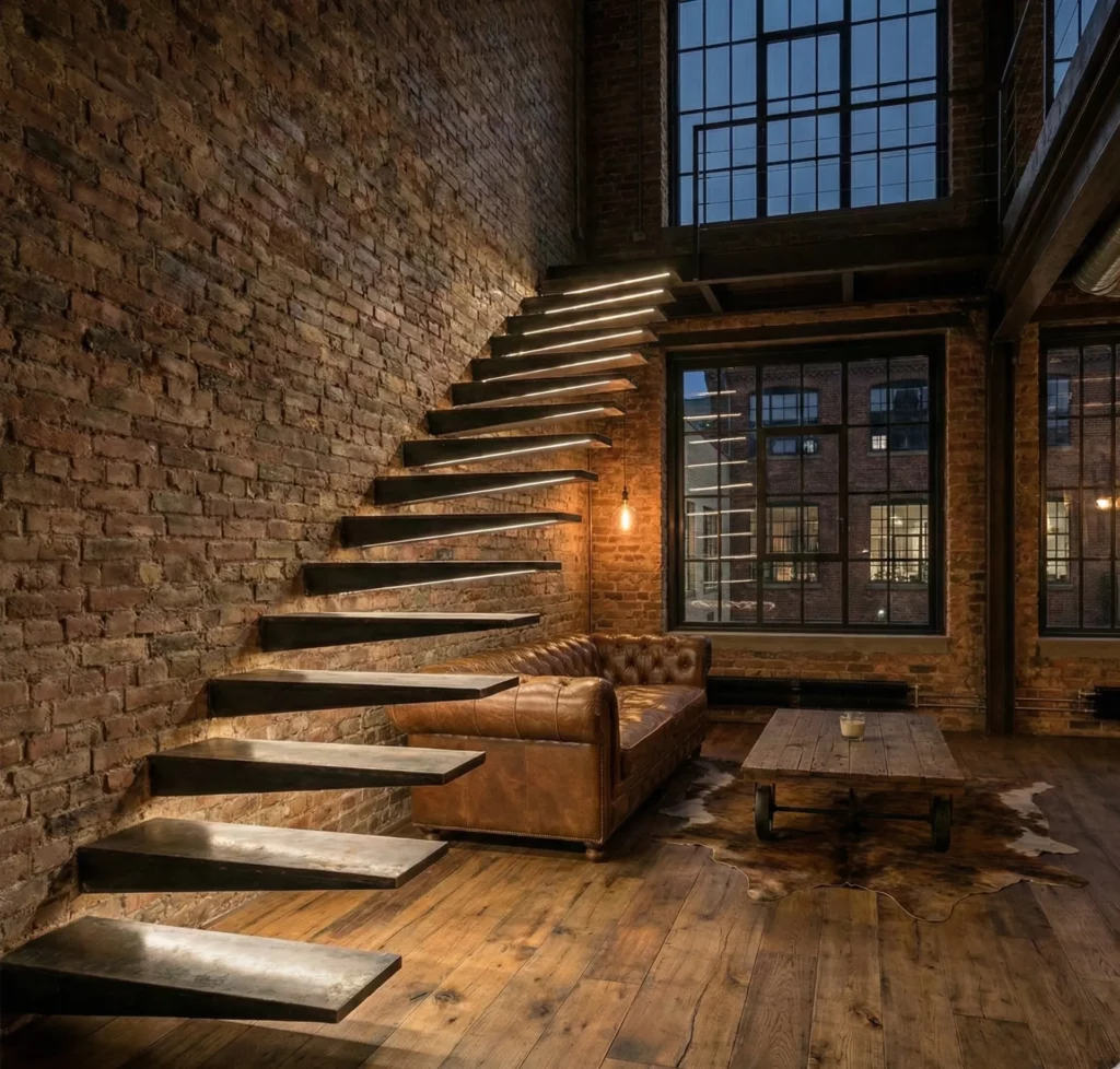 Escalier flottant dans un loft industriel avec éclairage intégré