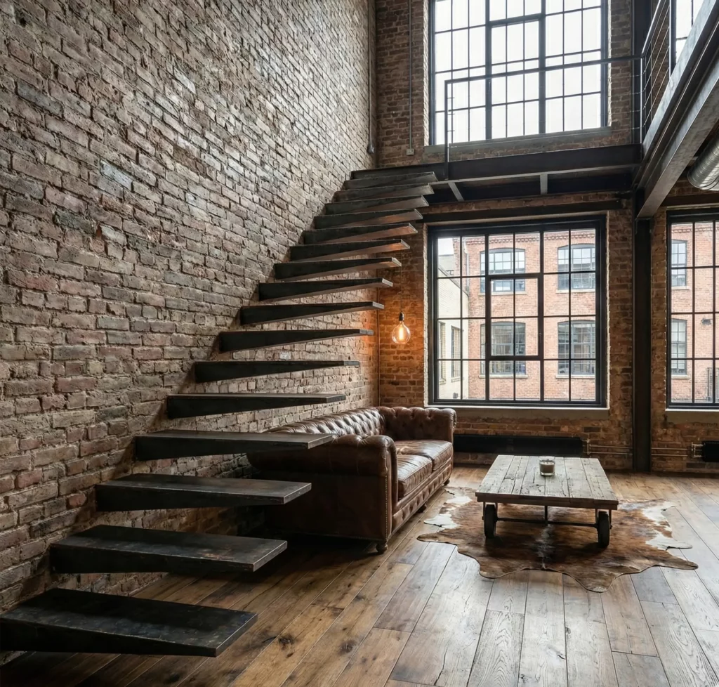 Escalier flottant en métal dans un loft avec mur en brique