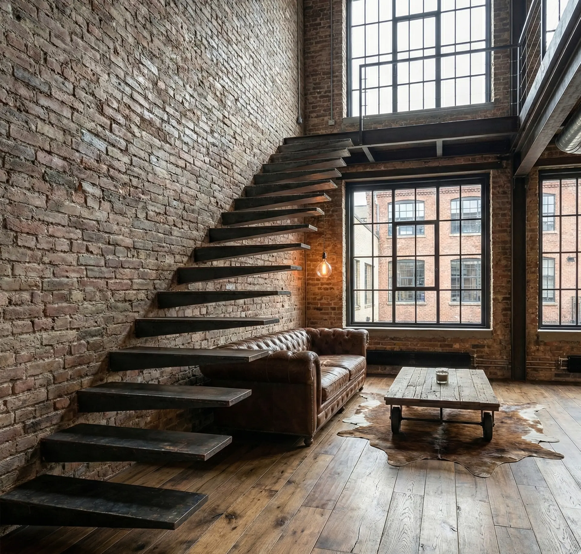 Escalier flottant en métal dans un loft avec mur en brique