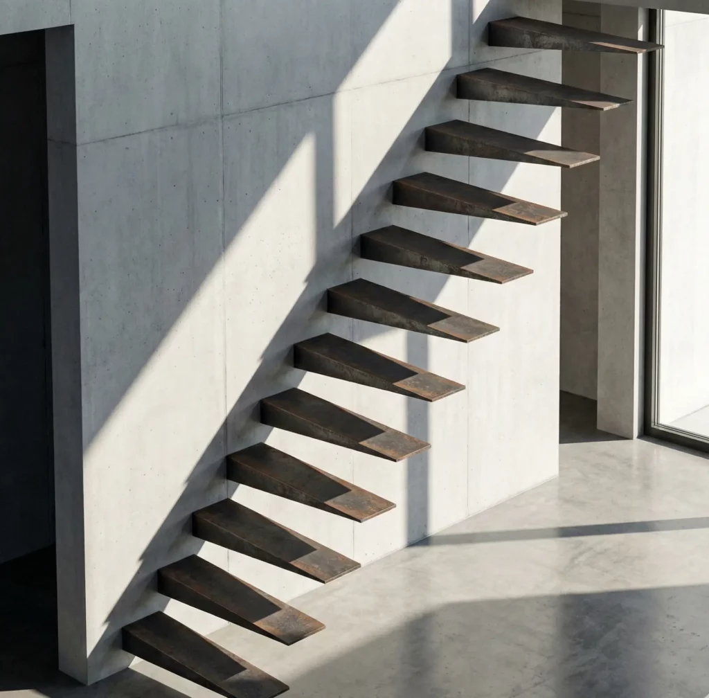 Escalier flottant en métal fixé dans un mur béton