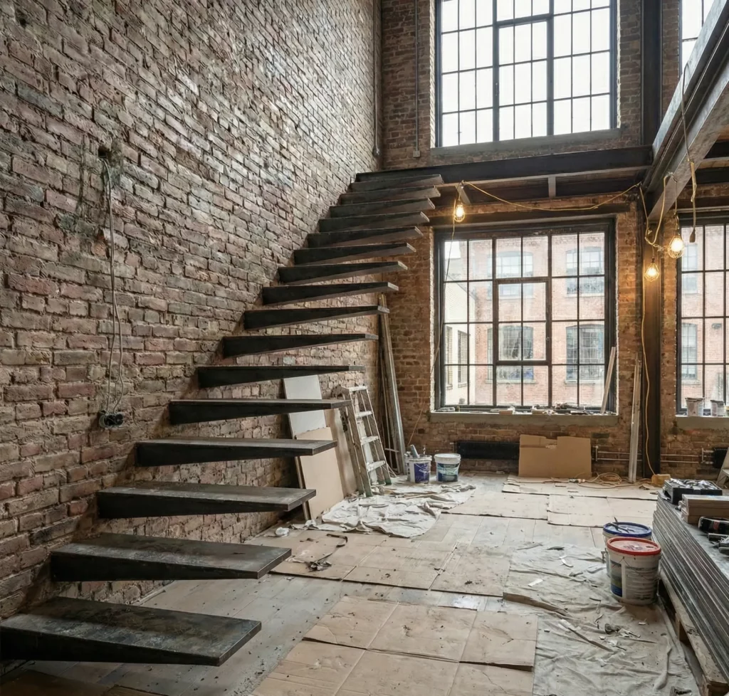 Préparer la pose d’un escalier flottant en acier dans un espace en travaux