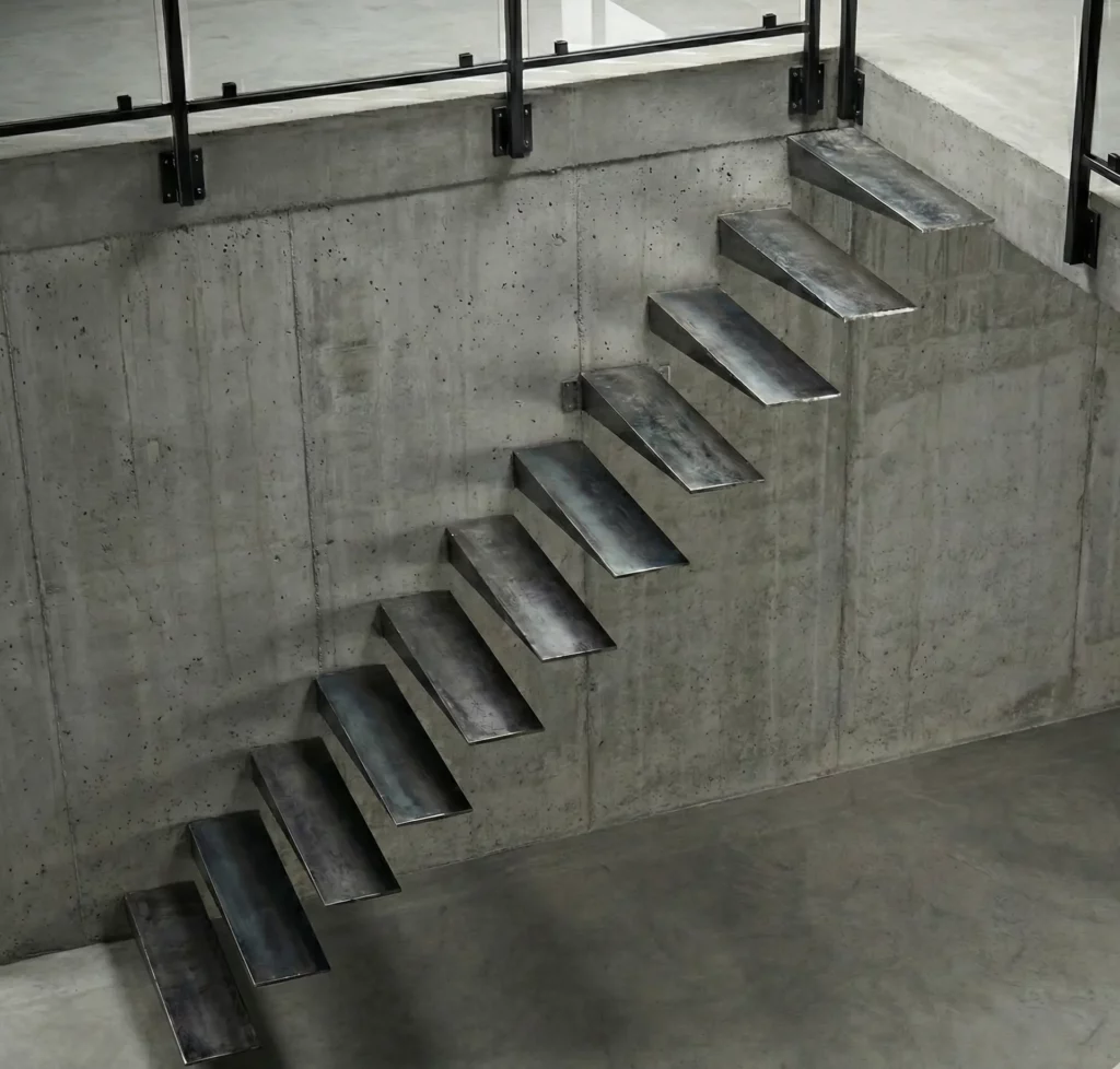 Escalier flottant avec palier et garde-corps métallique