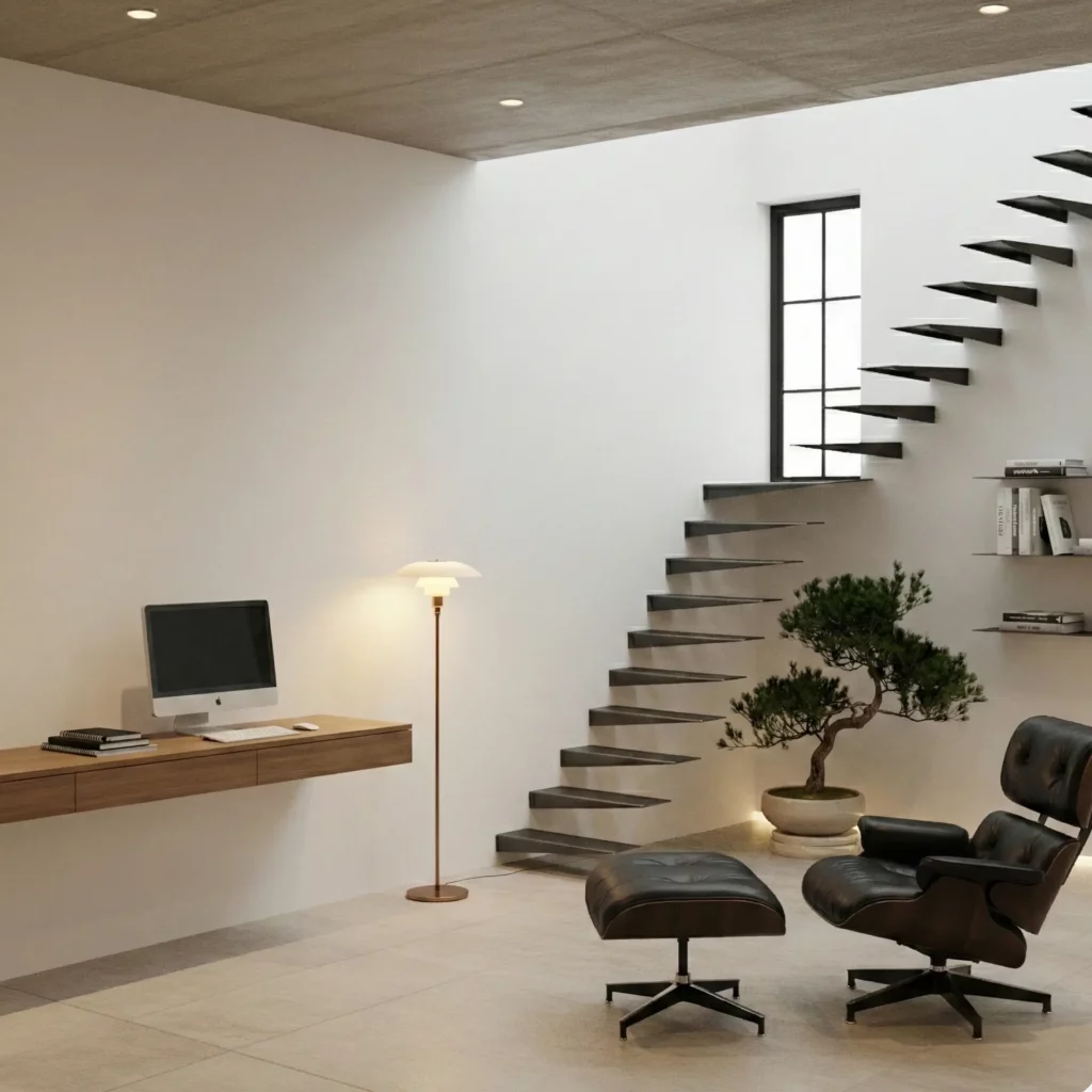 Bureau aménagé sous un escalier flottant en acier