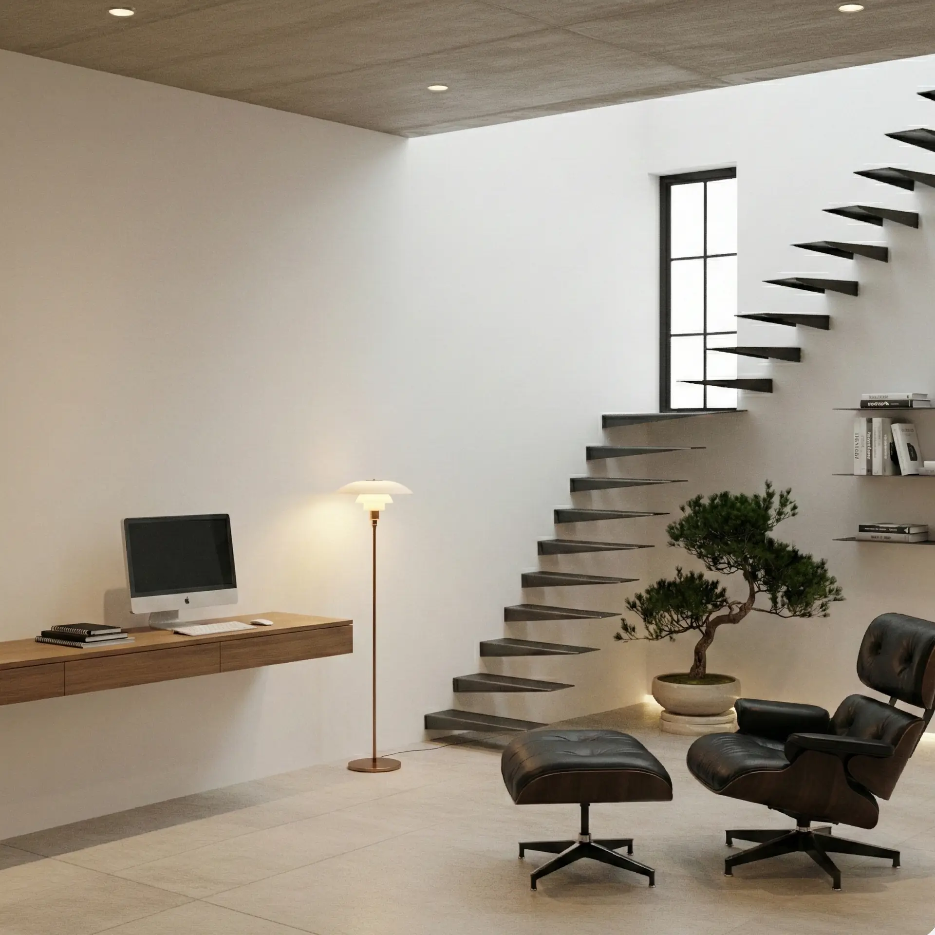 Bureau aménagé sous un escalier flottant en acier