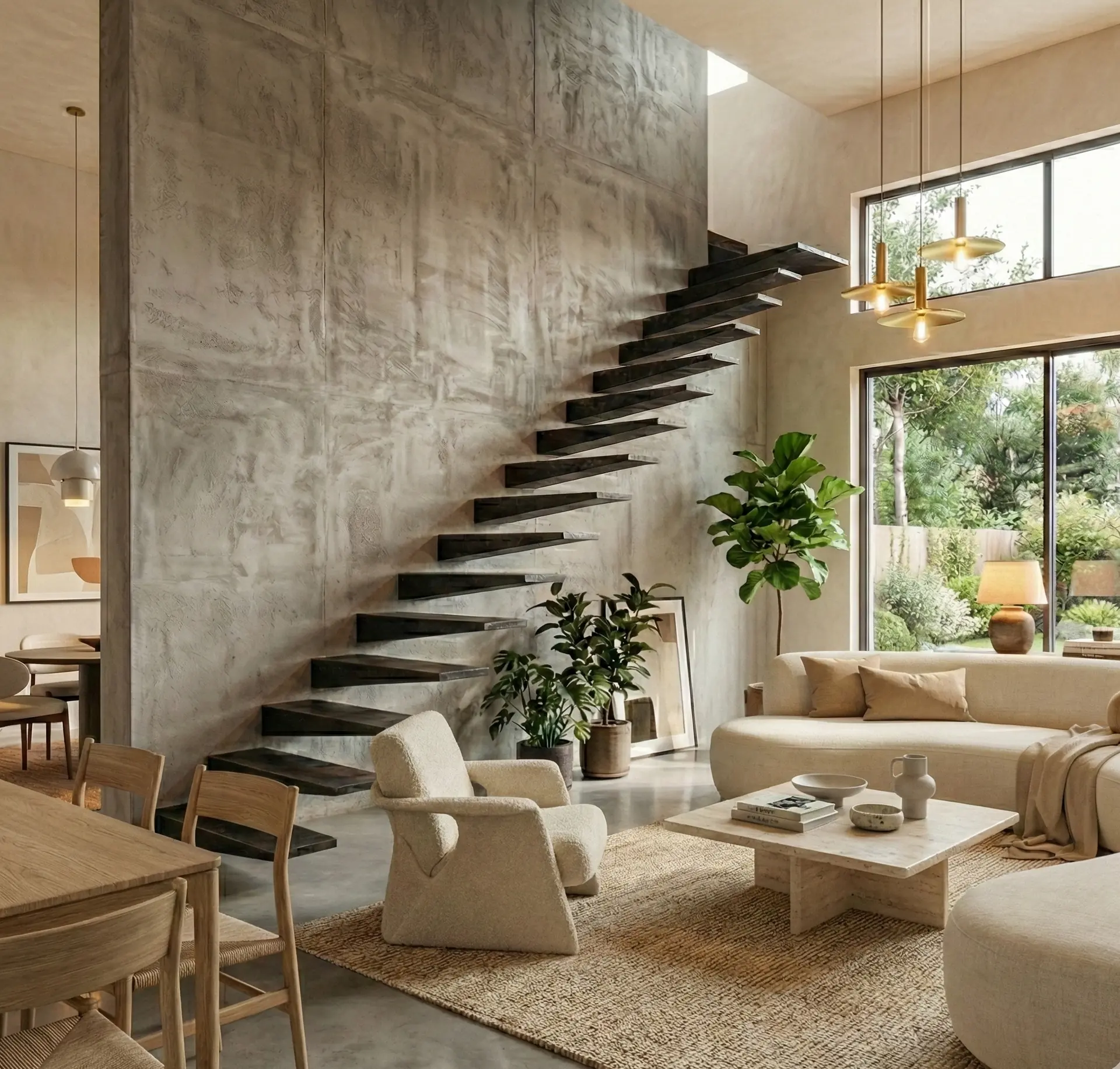 Escalier flottant dans un intérieur chaleureux et contemporain