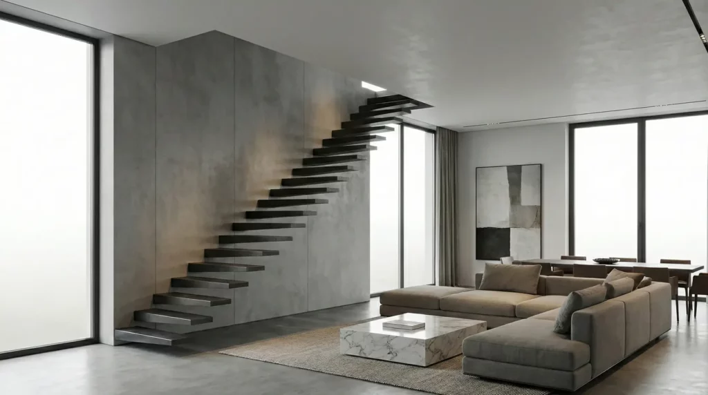 Escalier flottant en acier installé dans un grand séjour contemporain
