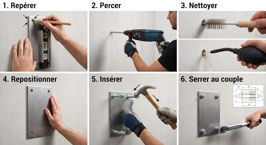 Pose de goujons d’ancrage pour fixer une platine en acier dans un mur en béton plein