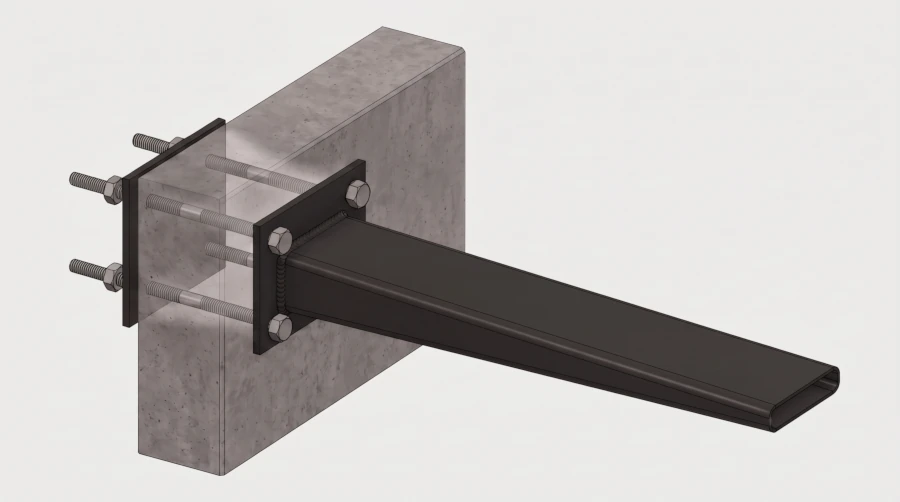 Marche flottante en acier fixée par quatre tiges filetées traversant un mur et une platine de répartition arrière
