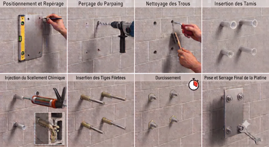 Pose d’un scellement chimique avec tamis et tiges filetées dans un mur en parpaing creux